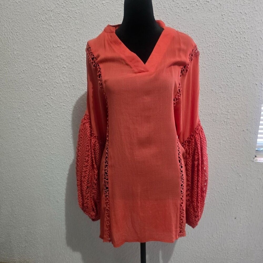 Velzera Womens oversized orange Crochet Bishopโ Sleeve Tunic Top size1XL